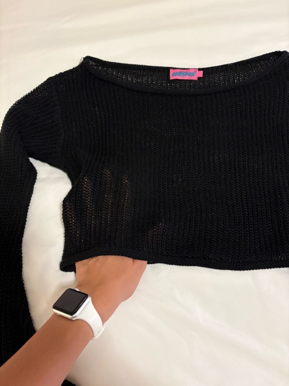 Edikted Black Off-the-Shoulder Cropped Knit Sweater See through - Picture 3 of 4